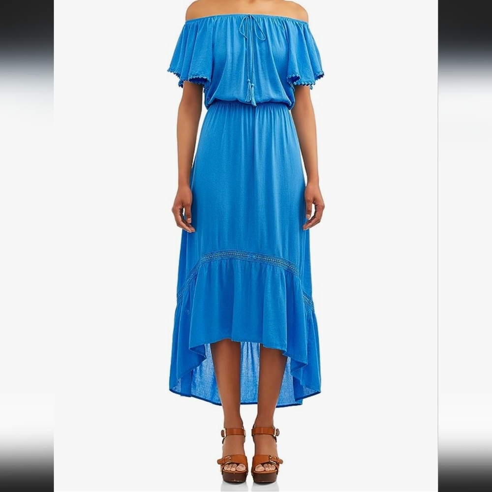 Elegant Classic Off Shoulder High Low Midi Dress in Turquoise